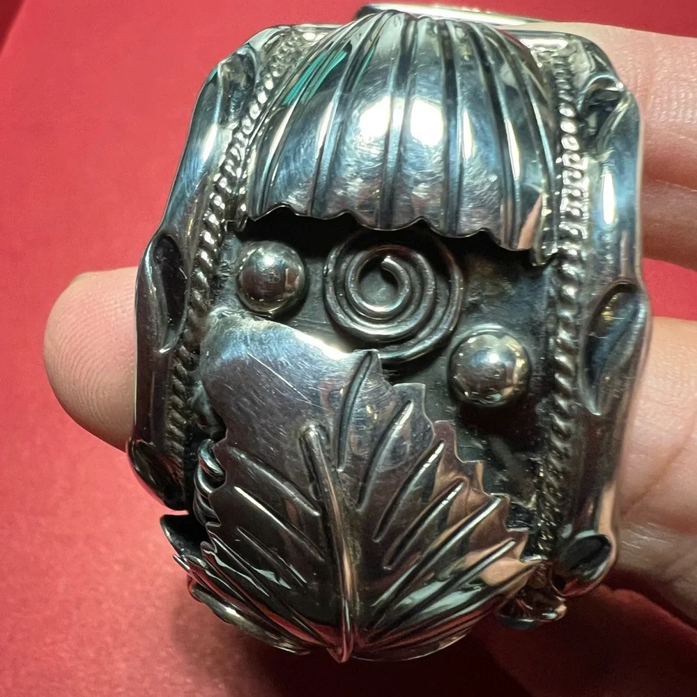 Vintage sterling silver Cuff Bracelet c11 925 Mexico Flower design/ turquoise - Picture 5 of 16